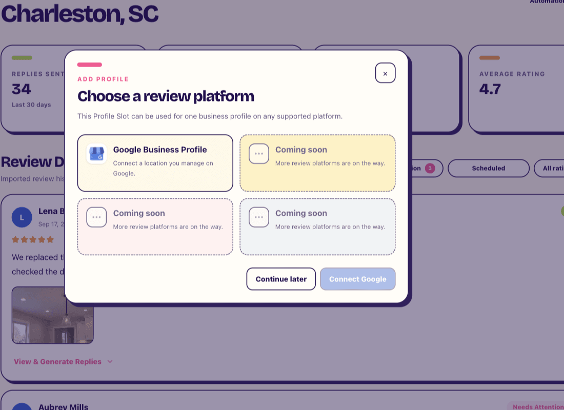 Add Profile dialog showing Google Business Profile as the available platform