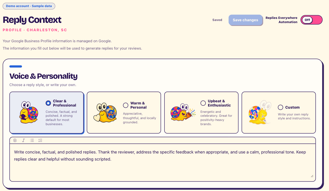 Reply Context settings with Clear & Professional selected, automation off, and the standard reply guidance displayed