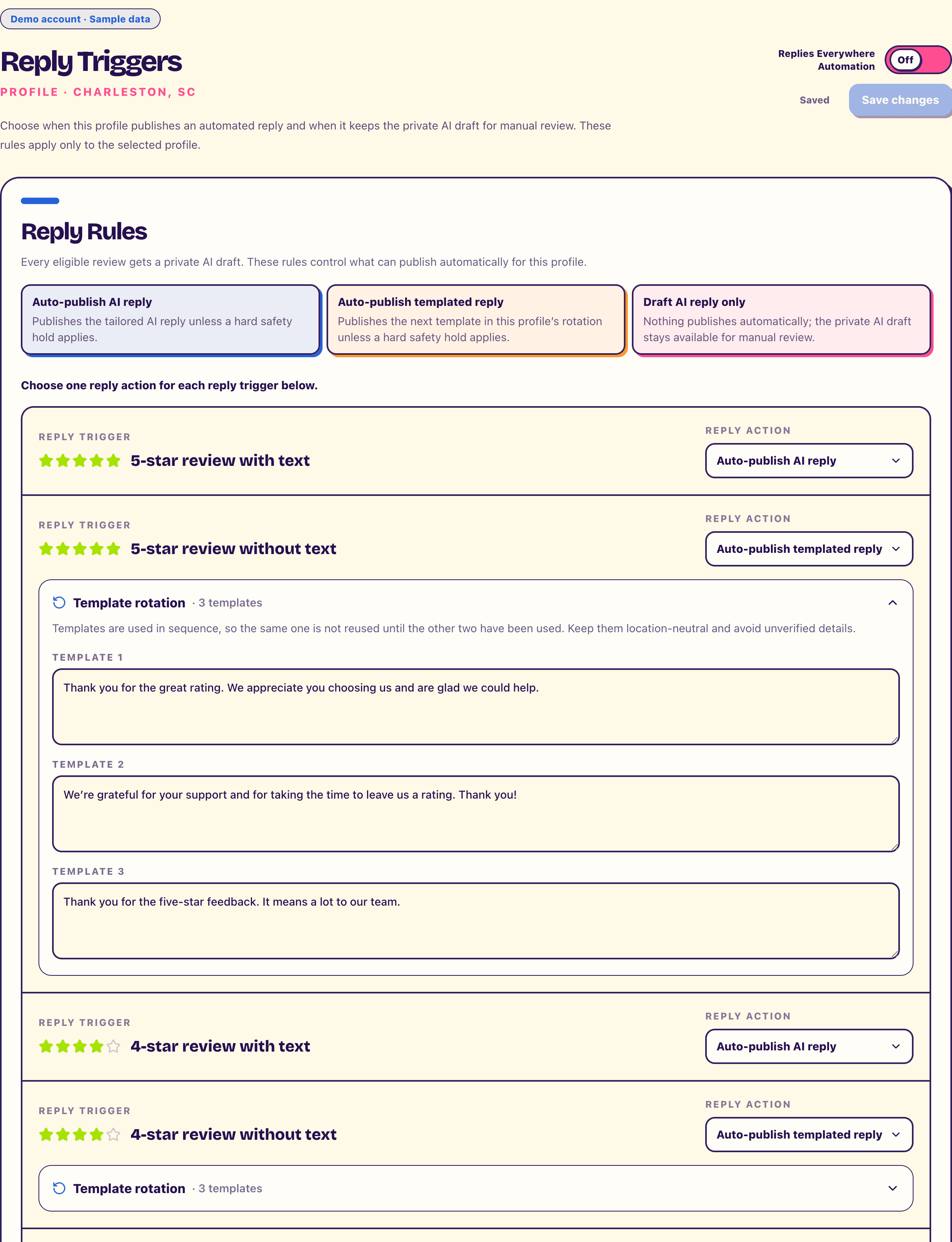 Reply Triggers with the five-star Template rotation expanded and the four-star rotation closed after the no-text rule