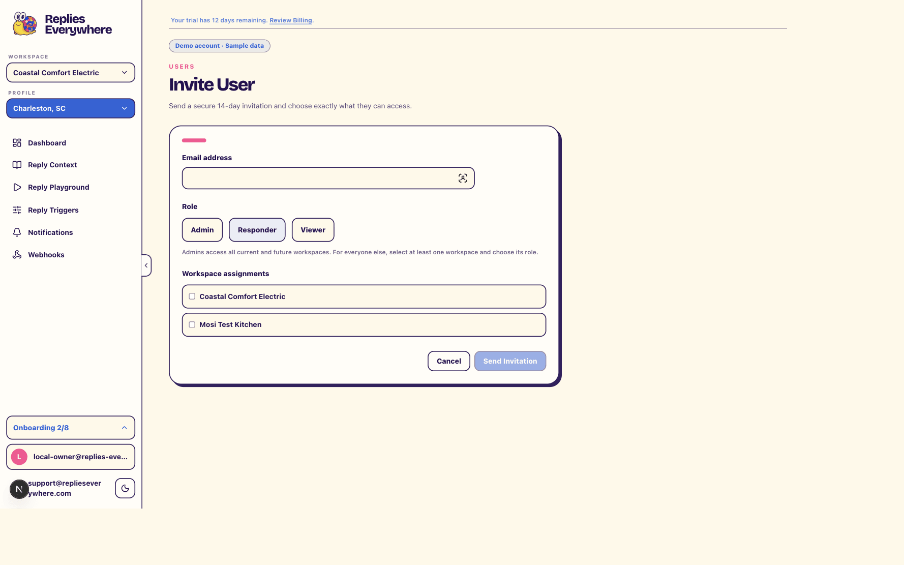 Actual Invite User interface showing Admin, Responder, and Viewer roles with separate workspace assignments