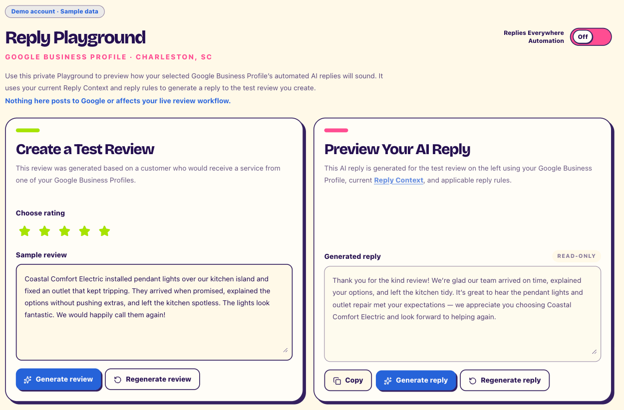 Reply Playground showing a five-star sample review about pendant lights and an outlet beside its generated Coastal Comfort Electric reply